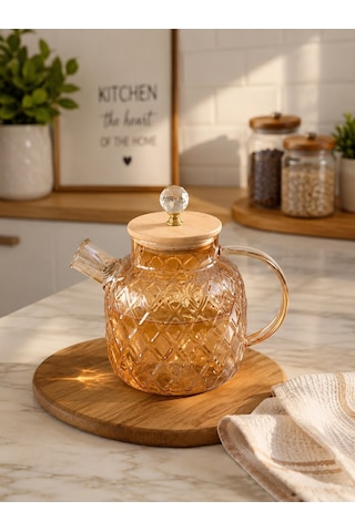 Qerhome Ateşe Dayanıklı Borosilikat Cam Demlik 1500 Ml Bambu Kapaklı Amber Cam Sürahili Çaydanlık Dh-41