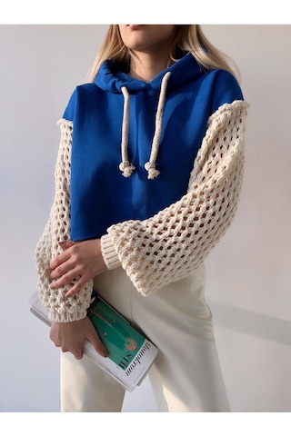 Mamayaga Kadın Kolları Triko Tasarım 3 İplik Uzun Kol Pamuk Crop Boy Şık Sweatshirt Mavi