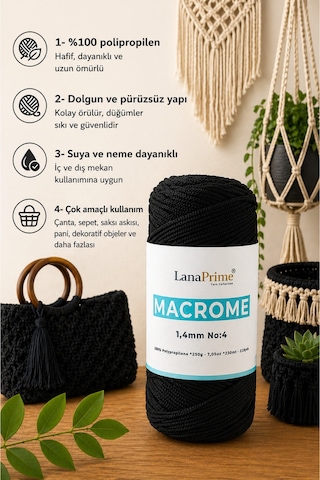Lanaprime Makrome Örgü İpi 1,4mm 230mt Çanta İpi 200gr Polipropilen - Siyah