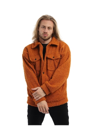 Erkek Kıvırcık Peluş Cıt Cıt Kapamalı Oversize Ceket Tarçın