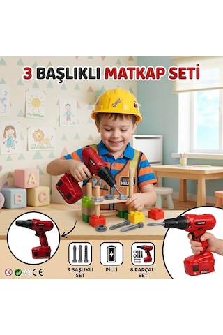 Pille Çalışan 3 Farklı Uçlu 2 Vida 2 Somonlu Tamirci Temalı Matkap Oyuncak İş Aleti