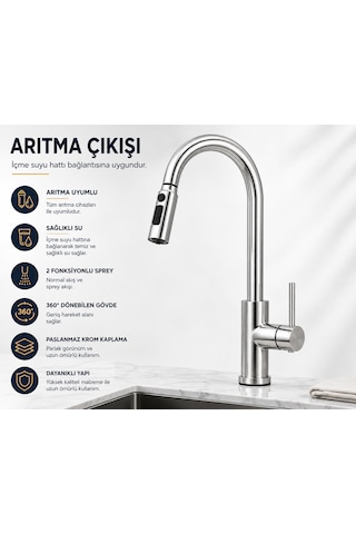 Arıtmalı Spiralli Evye Bataryası Çekilebilir Başlıklı 3 Fonksiyonlu Mutfak Bataryası Krom