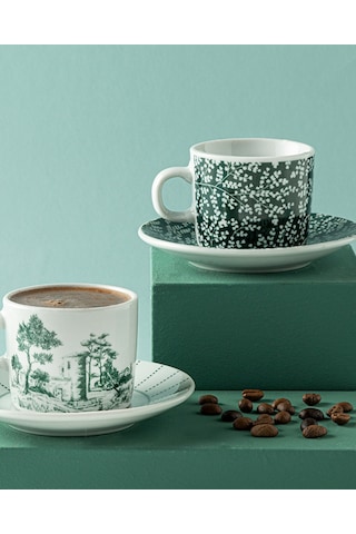 English Home Dear Porselen 4 Parça 2 Kişilik Kahve Fincan Takımı Koyu Yeşil