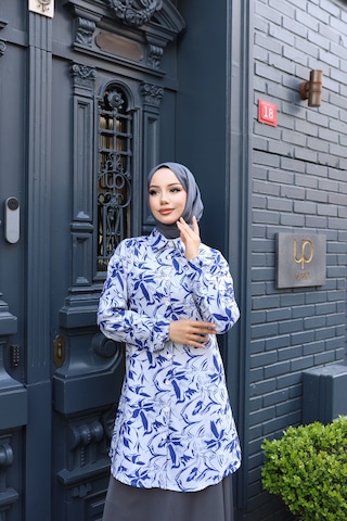 Kadın Mavi Çiçek Desenli Pamuk Dokuma Kumaş Tunik Gömlek Etekli Takım Tk1415 Mavi