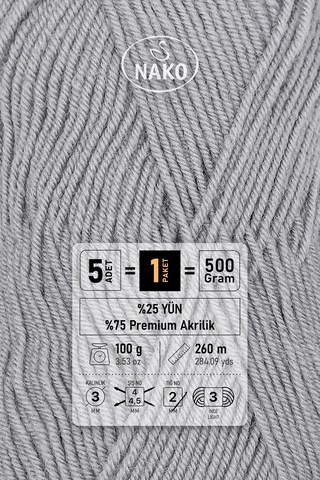 Süper İnci - 11538 Gri - 5'li Paket - 100gr/260m - El Örgü İpi - Atkı Yelek Kazak İpi