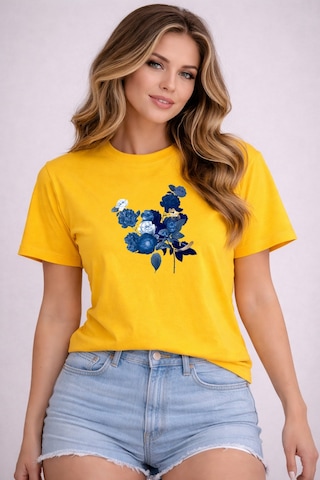 Herkesemoda Mavi Çiçekler Baskı Detaylı Basic T-shirt Sarı