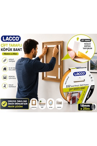 Lacco Çift Taraflı Köpük Bant 18 Mm X 25 M Güçlü Yapışkanlı Montaj Bandı Çok Amaçlı Beyaz 1 Adet