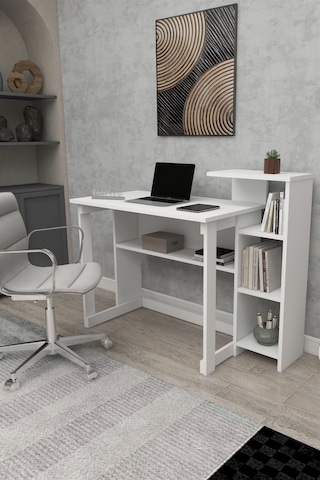 Lotus 5 Raflı Çalışma Masası Laptop Bilgisayar Masası Ofis Ders Yemek Çocuk Masası Beyaz