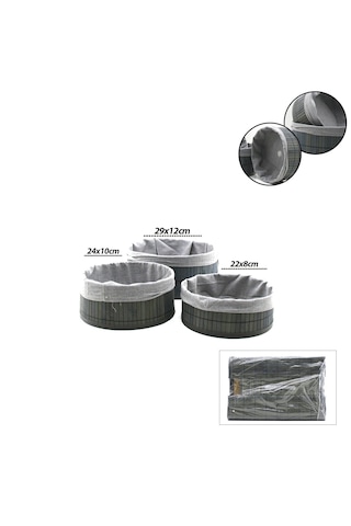 Gri 3 Boy Yuvarlak Bambu Kenar Organizer Sepet Ahşap Altlık - Bezli Çap: 22x24x29cm Çok Renkli