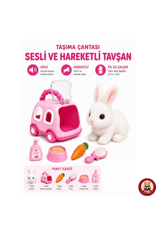 Oyuncak Tavşan Taşıma Çantalı Sesli Hareketli Pilli, Emekleme Oyuncağı Aksesuarlı Çocuklar İçin Eğitici Hayvan Sevgisi Pembe