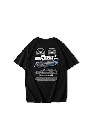 Brz Collection Unisex Oversize Fast & Furious Nissan Skyline R34 T-shirt Siyah
