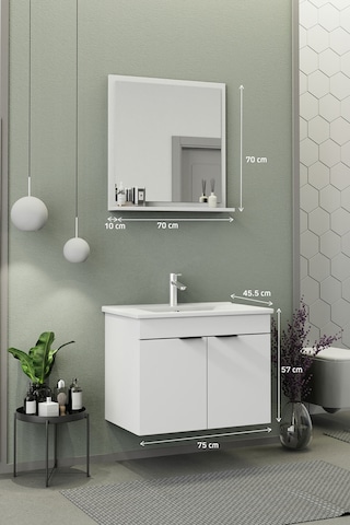 Biani Fix Arya 75 Cm Banyo Dolabı,Seramik Lavabolu, Aynalı,Lavabo Dahil,Mdf,Mat Beyaz