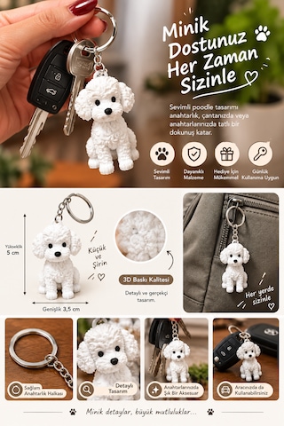 3d Baskı Beyaz Köpek Figürlü Anahtarlık Sevimli Köpek Tasarımlı Çanta Ve Araba Anahtarlığı