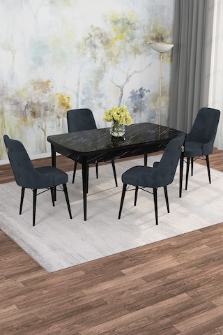 Mona Siyah Mermer 80x132 Açılabilir Mdf Masa Yemek Odası Takımı, Mutfak Takımı 4 Adet Sandalye Siyah Mermer - 4 Antrasit - Siyah Ayak