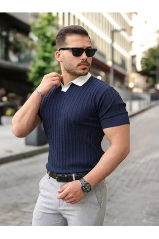 Valensdesign Erkek Yaka Detaylı Desen Dokulu Triko Tişört Lacivert