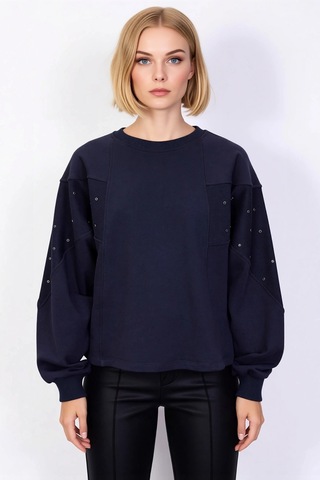 Benerly Kadın Bisiklet Yaka Düşük Kol Oversize %100 Pamuk Sweatshirt Fonk Lacivert