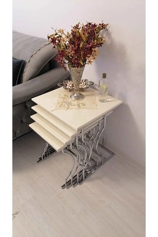 Arden Elite 4'lü Kare Zigon Sehpa Seti Gümüş Krom Ayak, Krem Mdf Beyaz