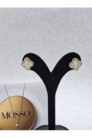 Beyaz Gold Renk Çelik Küpe Yoncalı Model Beyaz