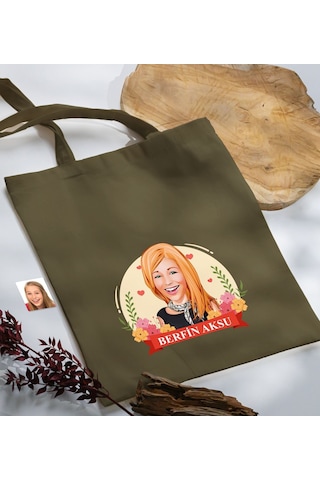 Bk Gift Kişiye Özel Anneler Günü Karikatürlü Haki Kumaş Bez Çanta, Baskılı Omuz Çantası, Alışveriş Çantası, Anneye Hediye-6 Haki