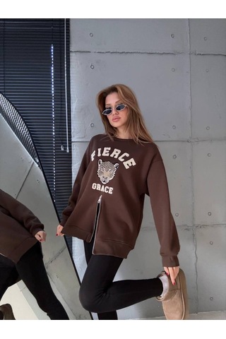 Fermuarlı Leopar Baskılı Oversize Siyah Sweat Kahve