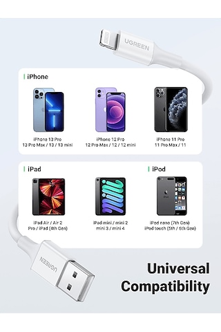 Ugreen Lightning To Usb-a Mfi Sertifikalı Hızlı Şarj Kablosu 1 M Beyaz