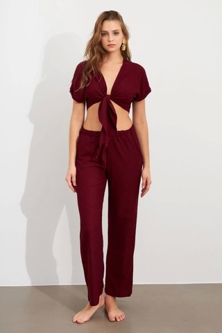 Defymoda Kadın Bürümcük Kumaş Pantolonlu Takım Bordo