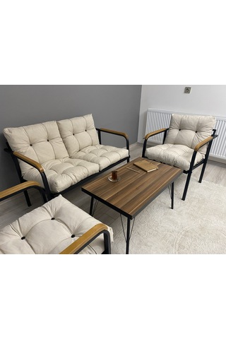 Modern Mars Balkon, Bahçe, Cafe - Metal Kanepe Koltuk Takımı - 2+1+1 + Sehpa Krem Modernsh33 Krem