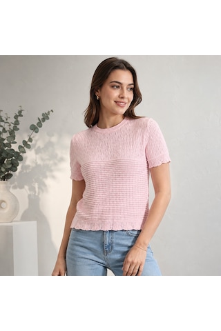 Novalisse Dantel Detay Ajurlu Kısa Kol Bisiklet Yaka Triko Bluz - Pembe