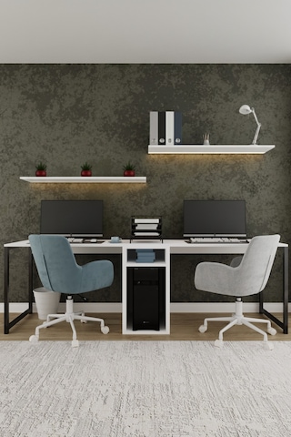 Twin 2 Kişilik Raflı Çalışma Masası Ofis Bilgisayar Masası - Beyaz Beyaz