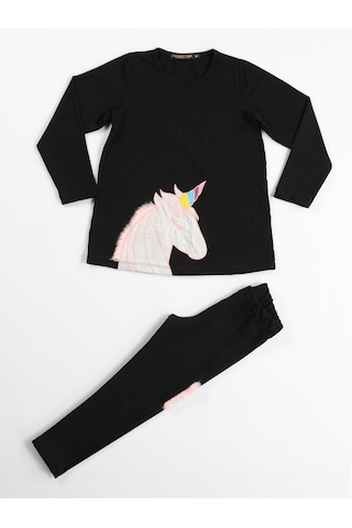 Casabony Unicorn 3 Boyutlu Siyah Kız Tunik + Tayt Takım-siyah Siyah