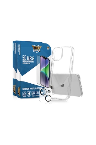 Buff Apple iPhone Uyumlu 14 Plus - 2x5d Ekran Koruyucu + Şeffaf Kılıf + Lens Koruyucu Glass