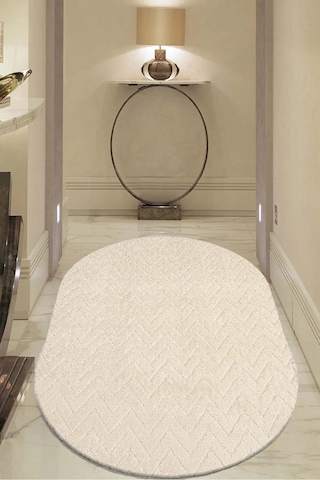 Raschel Carpet Moopy Oval Krem Bukleli Yumuşak Zikzak Dokuma Yolluk Halı Salon Halısı Lp6497 Krem Krem