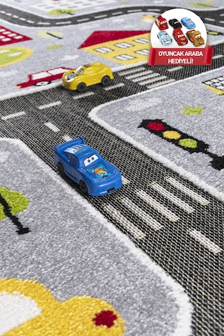 3 Boyutlu Trafik Arabalı Halı Dokuma Çocuk Halısı Anaokul Kreş Oyun Halısı Gri