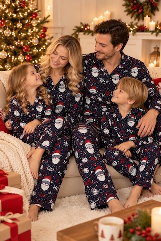 Free Beka Yılbaşı Desenli Kırmızı Uzun Kollu Önden Düğmeli Gömlek Yaka Aile Pijama Takımı Kombini Lacivert