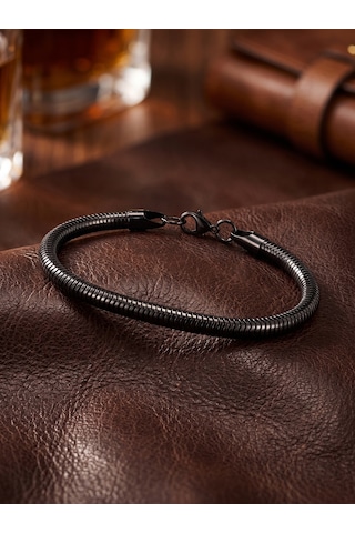 Spiral Örgü Erkek Çelik Zincir Hediye Maskülen Bileklik 6mm 01891 Siyah