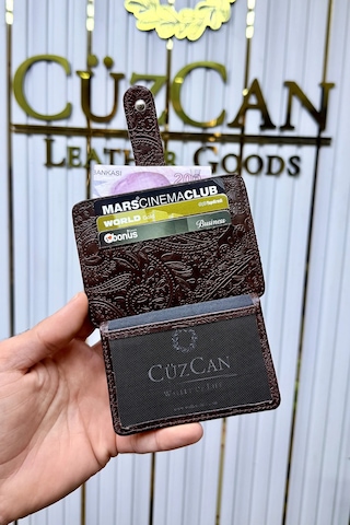 Cüzcan Jorvik Patlı Hakiki Deri Premium Kartlık Kişiye Özel İsim Baskılı Kahverengi Motifli