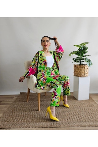 İpli Yeşil Renk Etnik Desenli Viskon Kumaş Kimono Takım Yeşil