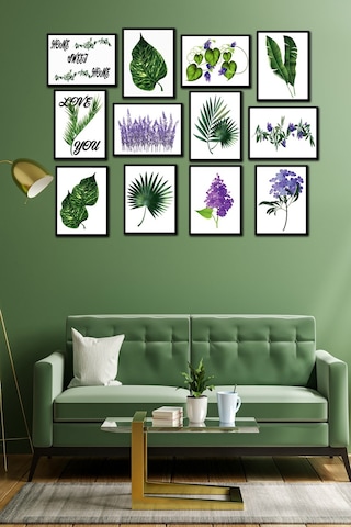 No77decor 12 Parça Yeşil Yaprak Tarzında Tablo Seti