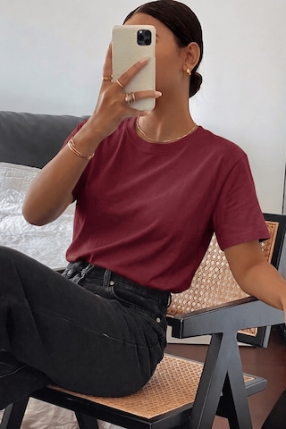 Genıus Store Kadın Tişört Gri Bisiklet Yaka Basic Tişört %100 Pamuk Rahat Kalıp T-shirt Basıc-kadın Bordo