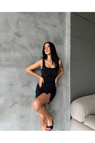 Modalima Minimal Askılı Fit Kesim Siyah Kot Denim Mini Elbise Çok Renkli