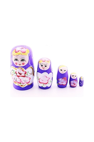 Ahşap Tombul İç İçe Matruşka Bebek Mor Set 5li Büyük Boy