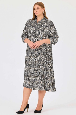 Galaxi Kadın Büyük Beden Desenli Gömlek Yaka Elbise 4012 Siyah Siyah