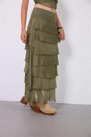 İtalyan 2 Beden Ince Gösteren Kat Kat Ipek Etek & Straplez Elbise Açık Haki