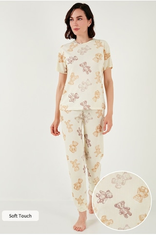 Lela Regular Fit Kısa Kollu Bayan Pijama Takımı 65740104 Bej