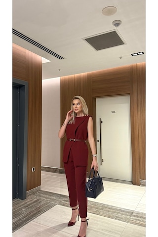 Modadua Bordo Kemerli Yelek & Pantolon Takım Ofis Ve Davet Şıklığı