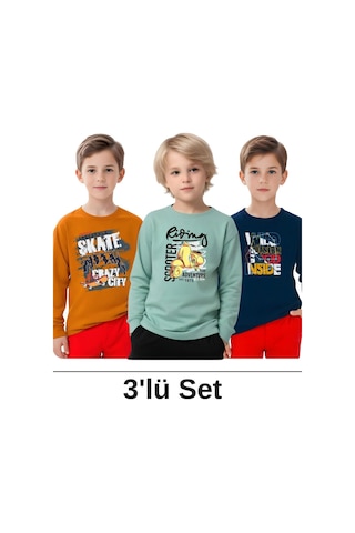 Panios Kids 3'lü Crazy City-scotter-ınside Baskılı Erkek Çocuk Sweatshirt Çok Renkli