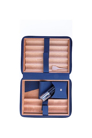 Cohiba Xl Lacivert Dahili Çakmak Deri Puro Taşıma Çantası & Seyahat Humidoru