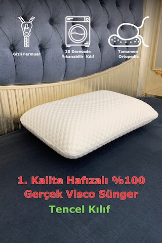 Rudu Tencel Kılıf, Ortopedik, Sertifikalı Visco Sünger Yastık 60x40x15 Cm 1250gr Omuz/boyun Destekli Beyaz