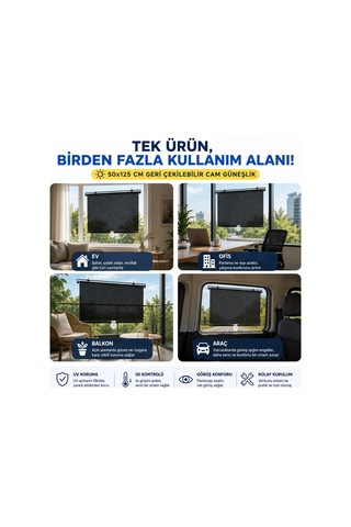50x125 Cm Geri Çekilebilen Araç İçi Ön Cam Güneşlik, Ev Tipi Cam Güneşlik Uv Engelleyici Siyah