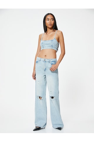 Koton Geniş Paça Yırtık Kot Pantolon Standart Bel Düğmeli - Bianca Wide Leg Jean Açık İndigo 4sal40472md Açık İndigo